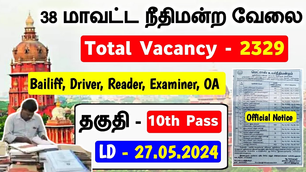 சென்னை ஐகோர்ட்டின் கீழ் உள்ள மாவட்ட நீதிமன்றங்களில் பல்வேறு பணி வாய்ப்பு!