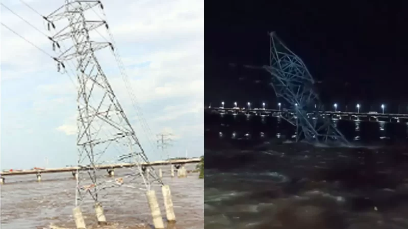 கொள்ளிடம் ஆற்றில் உயர்மின் அழுத்த கோபுரம் சாய்ந்து விழுந்தது!