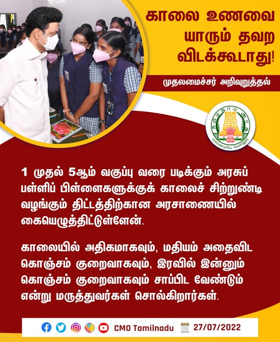 அரசுப் பள்ளி மாணவர்களுக்கு காலை நேர சிற்றுண்டி!- அரசாணை வெளியீடு!